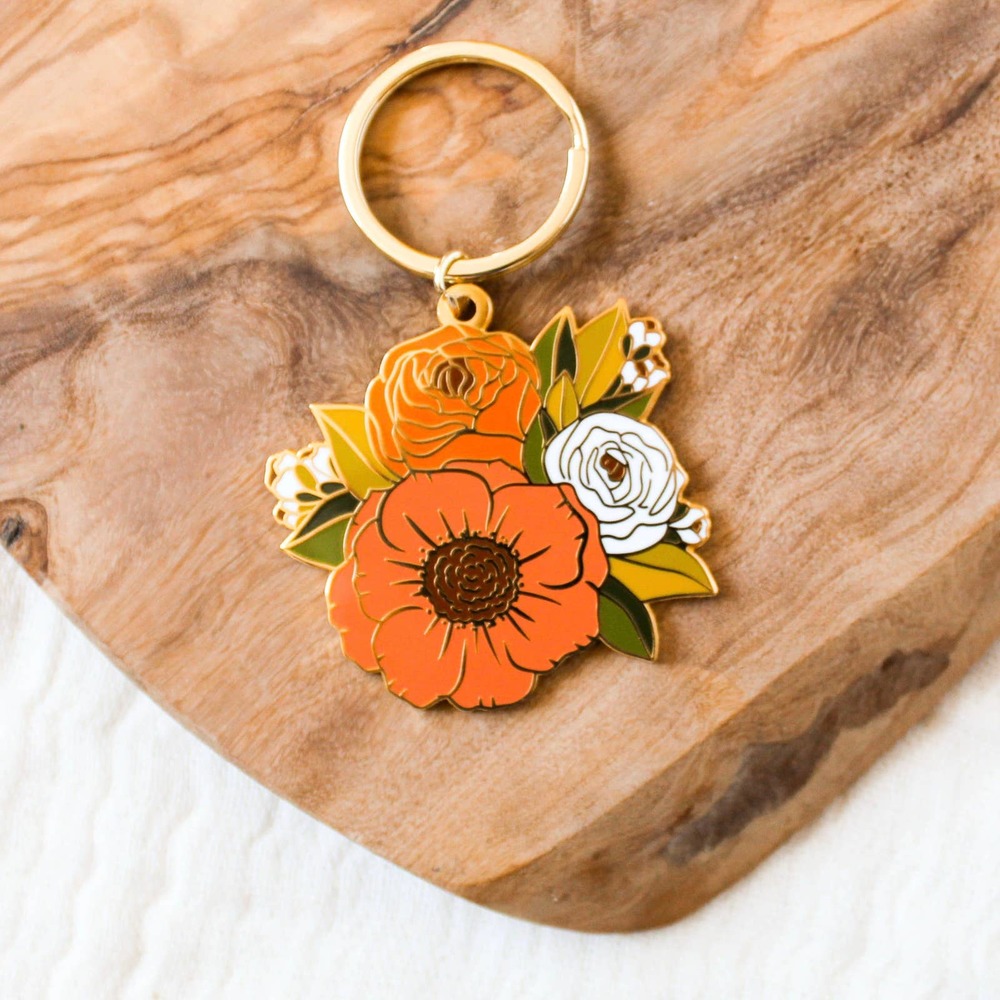 Coral White Mustard Yellow Floral Flower Cottage Bouquet Enamel Metal Keychain